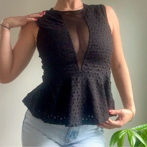 Black peplum going out too with sheer drop v neck/ sheer back